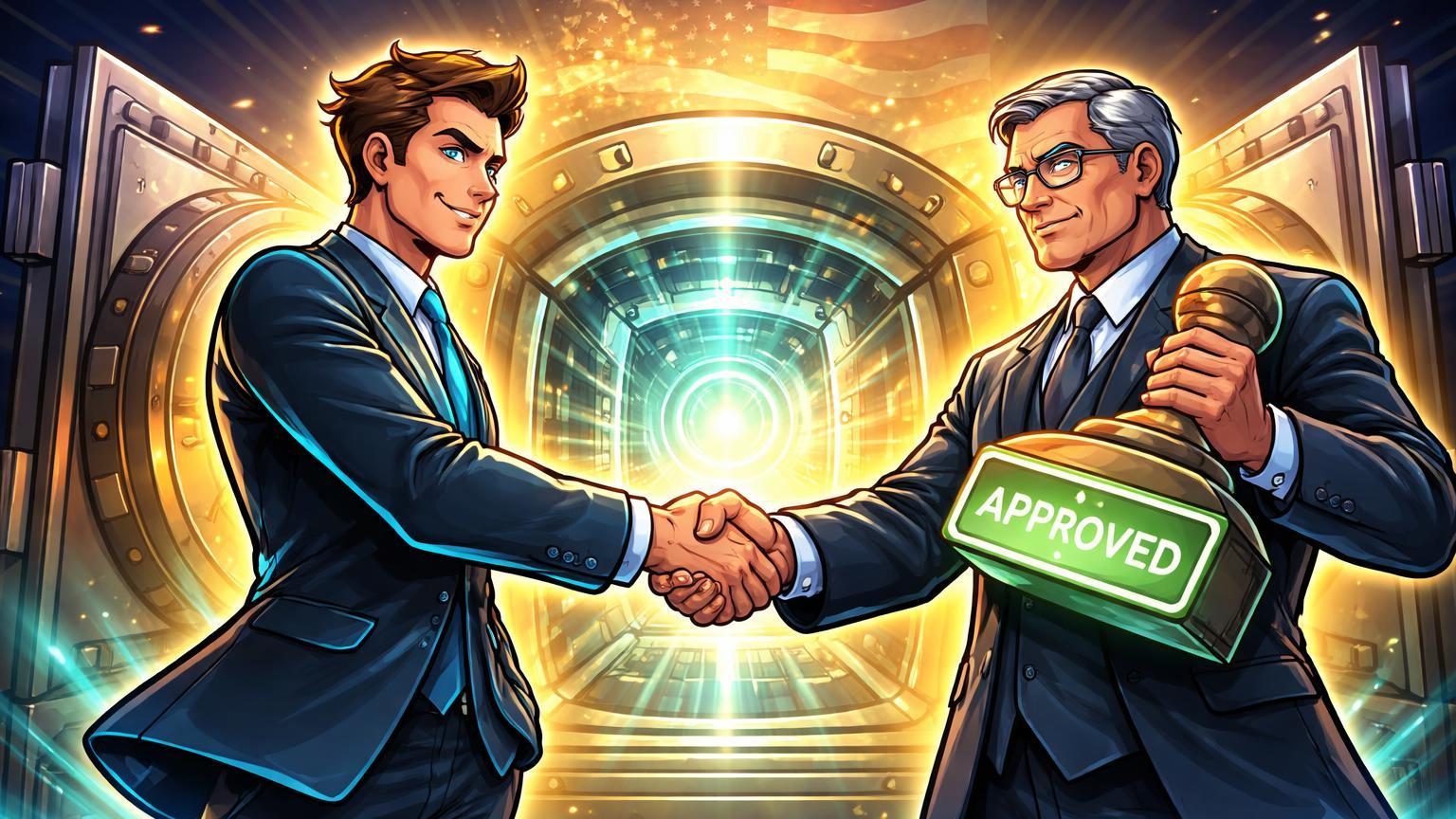 Executivos cartoon estilizados apertando mãos sobre cofre digital luminoso, simbolizando aprovação OCC para Crypto.com e legitimação cripto nos EUA