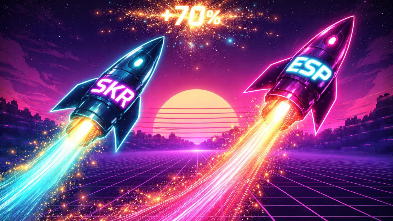Foguetes neon cyan e magenta com siglas SKR e ESP disparando em grid vaporwave, simbolizando pumps explosivos de altcoins em Upbit e Bithumb