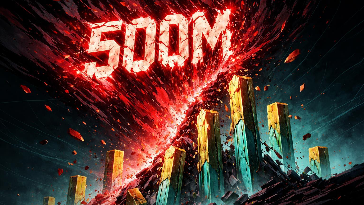 Avalanche vermelha esmagando pilares dourados e cyan, com '500M' fragmentado, simbolizando liquidações massivas em posições long alavancadas