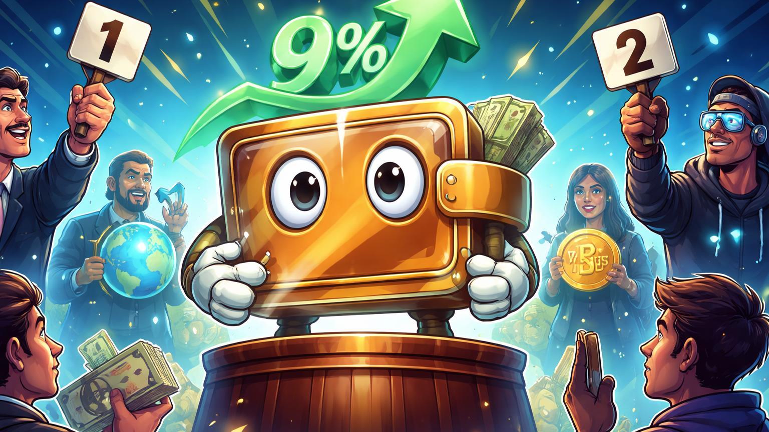 Carteira digital cartoon disputada por compradores com usuários atentos segurando PYUSD e seta de alta 9%, ilustrando rumores de venda do PayPal