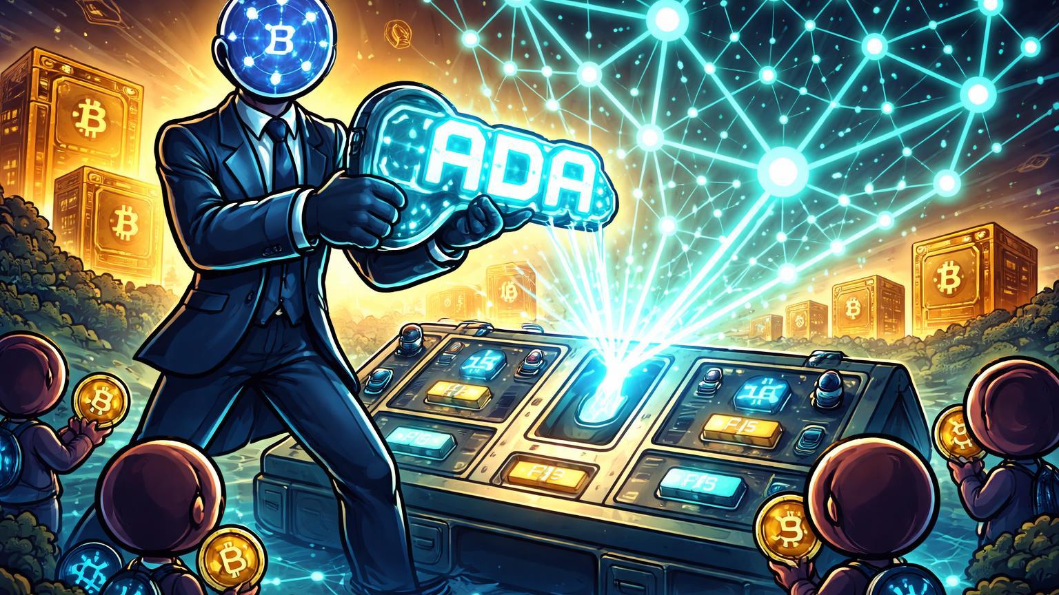 Personagem Foundation cartoon reiniciando console de governança Cardano com holders ADA observando, ao fundo cofres BTC e XRP simbolizando maturação cripto