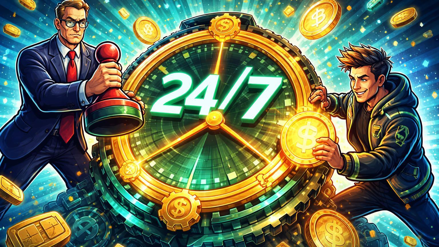 Personagens cartoon regulador e tech ativando relógio blockchain 24/7, simbolizando aprovação SEC para fundo tokenizado da WisdomTree