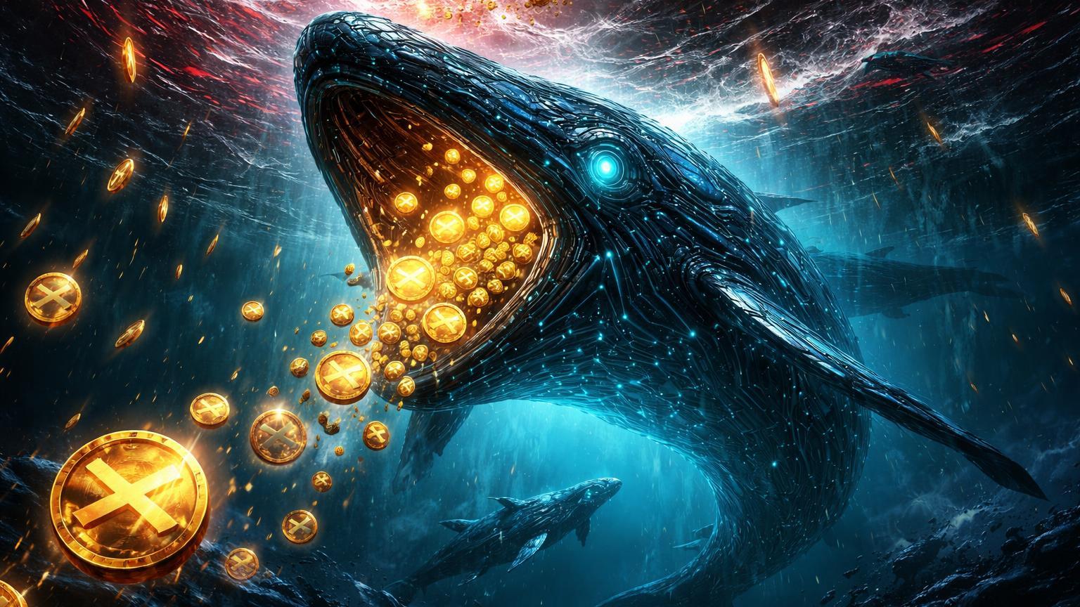 Baleia digital colossal sugando tokens XRP dourados em oceano turbulento, simbolizando acumulação de whales apesar da queda de 9% no preço