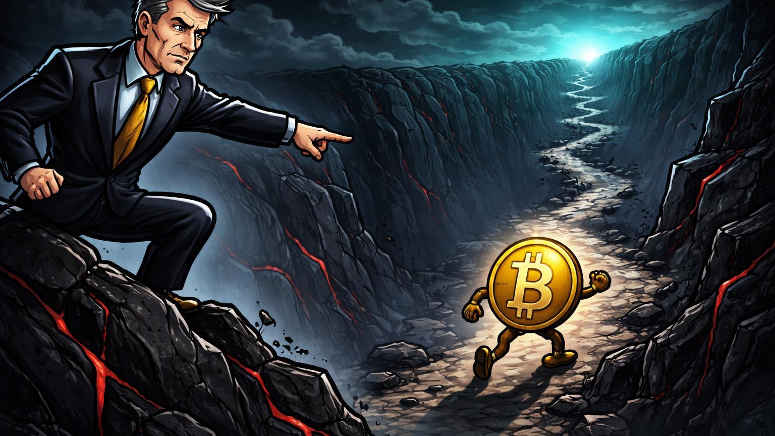 Personagem Saylor cartoon na borda de vale sombrio apontando para Bitcoin lutando no fundo, ilustrando 'Vale do Desespero' comparado à crise da Apple