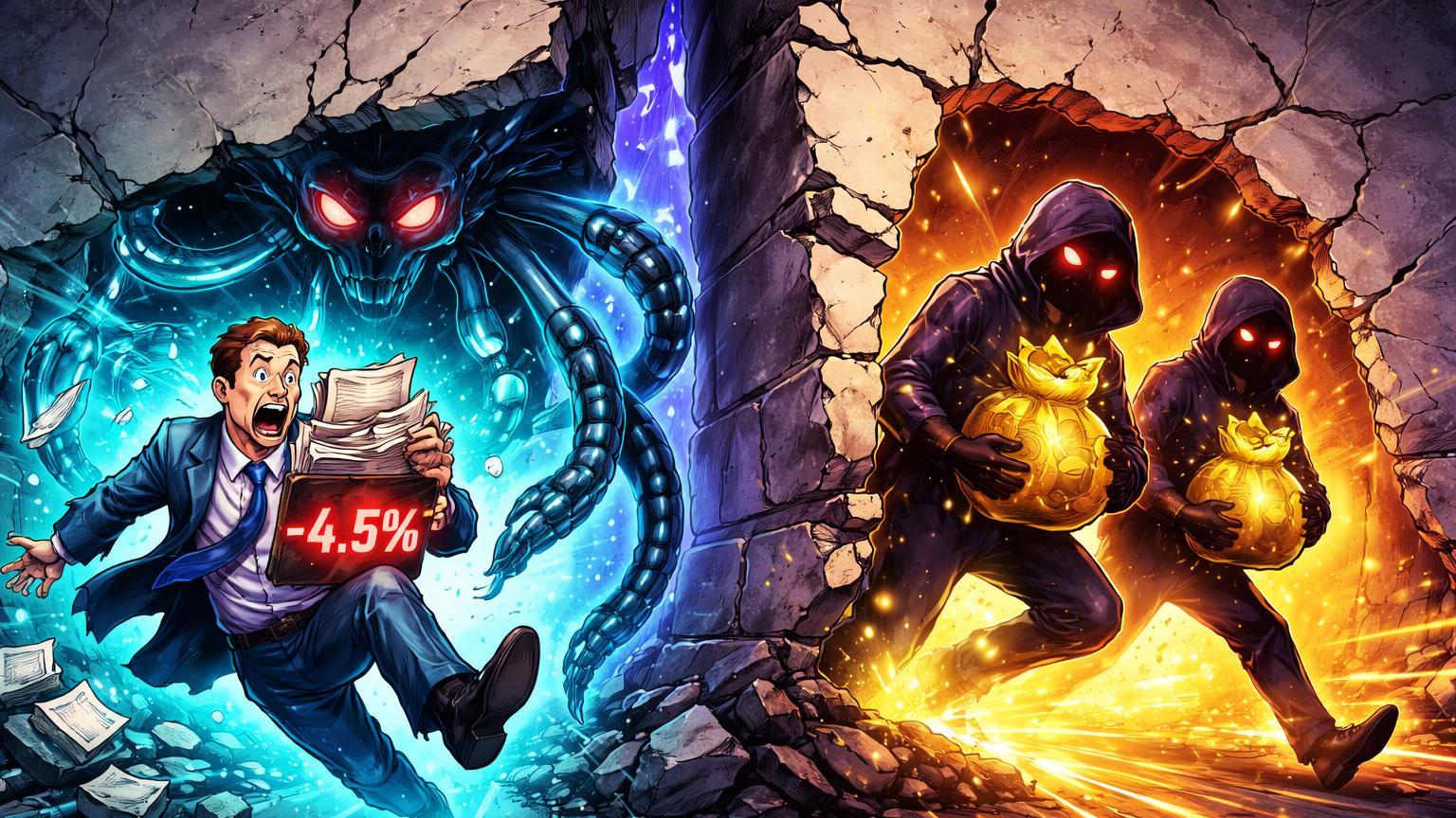 Banqueiro cartoon Visa roçado por tentáculos IA em muralha rachada, enquanto silhuetas exchanges burlam sanções com cripto, alertando riscos sistêmicos