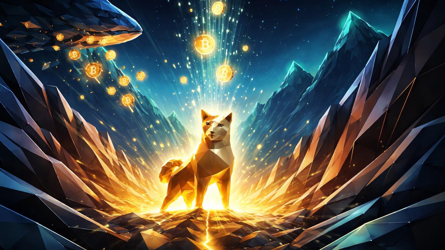 Vale low-poly profundo com shiba estilizada e baleia liberando partículas douradas ascendentes, simbolizando RSI oversold no Dogecoin e movimento de SHIB