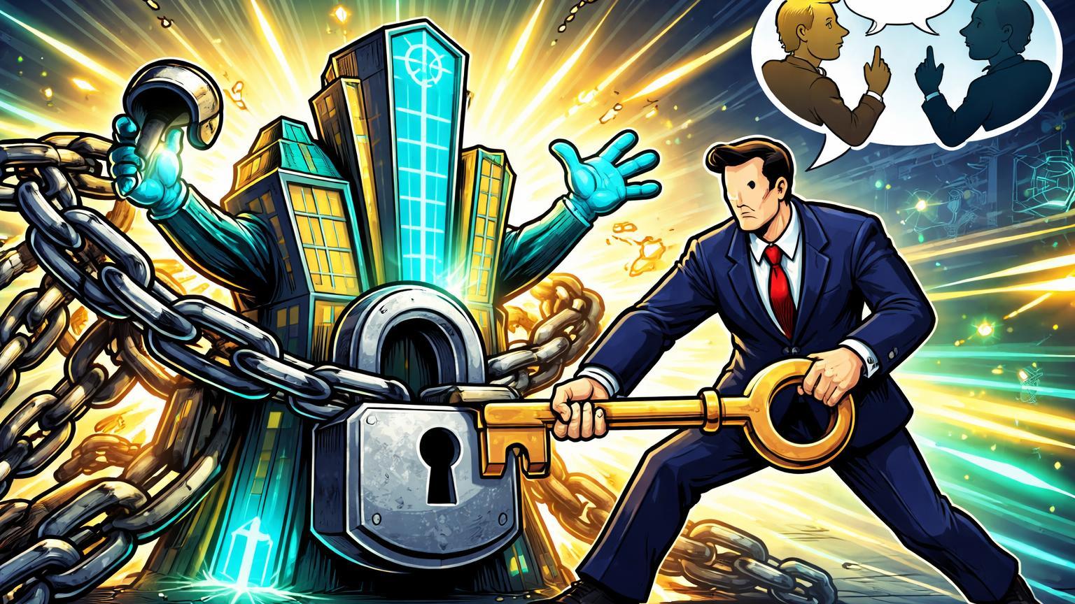 Personagem FED cartoon abrindo cadeado em correntes que prendem empresa cripto, com fluxos de capital liberados e debate familiar ao fundo, simbolizando fim do debanking