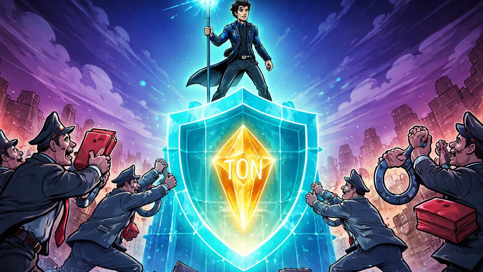 Personagem cartoon de Durov defendendo torre de privacidade cyan contra burocratas russos cartoon, simbolizando inquérito por terrorismo no Telegram e impacto no TON