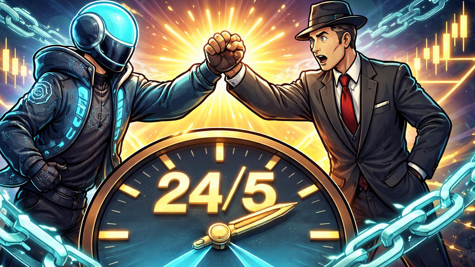 Personagens cartoon de Coinbase tech e executivo tradicional chocando mãos sobre relógio 24/5, unindo cripto e trading de ações