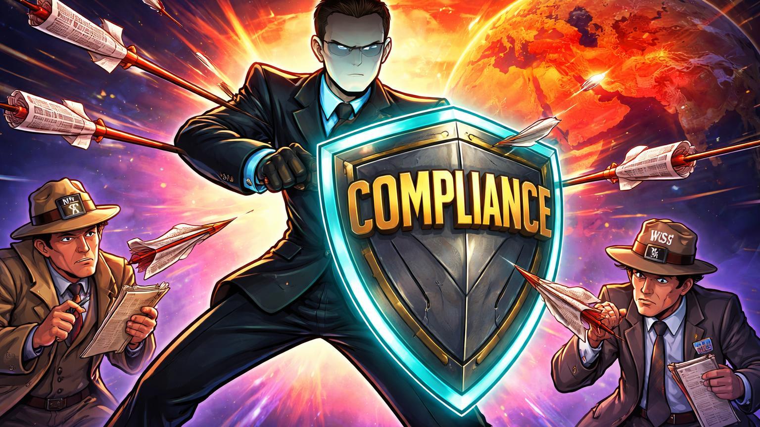 Personagem CEO Binance cartoon defendendo com escudo 'Compliance' contra flechas de jornalistas NYT e WSJ, em disputa por sanções iranianas