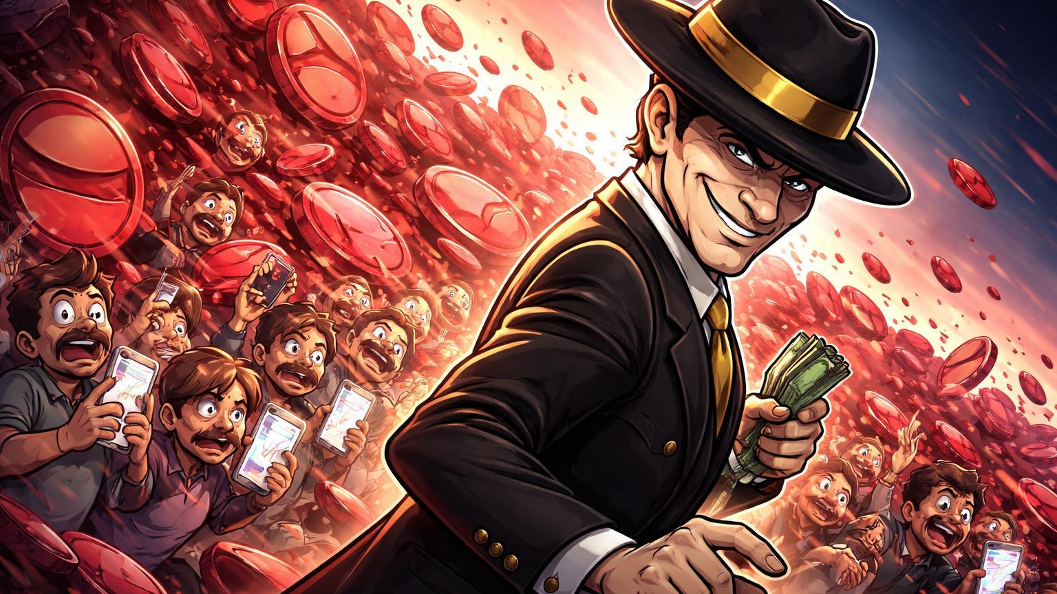 Personagem elite financeira cartoon front-running avalanche de crash Terra-Luna sobre investidores comuns, ilustrando alegações de insider trading