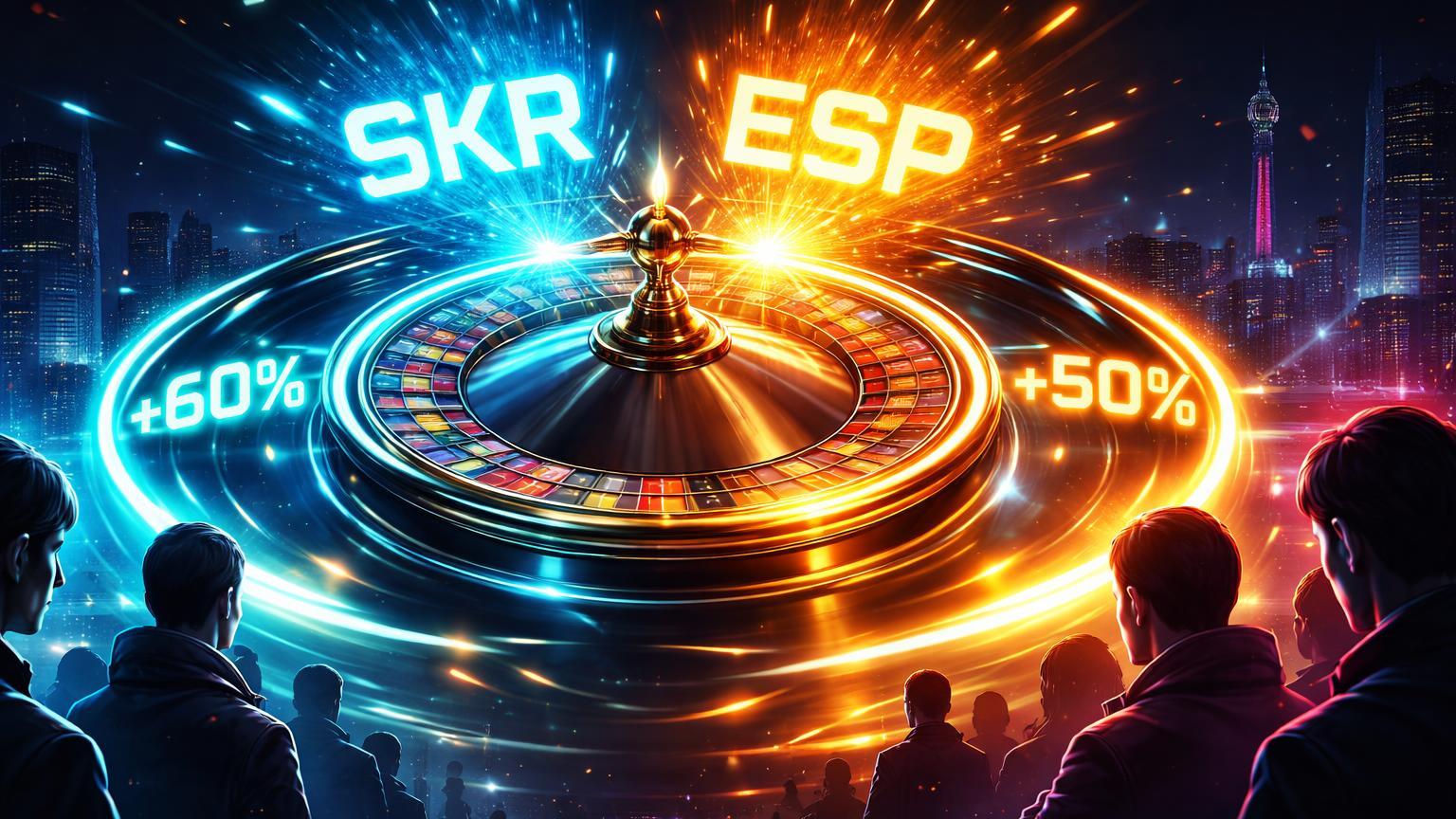 Roleta neon cyberpunk girando com SKR e ESP no topo e indicadores +60%, simbolizando pumps voláteis em Upbit e Bithumb