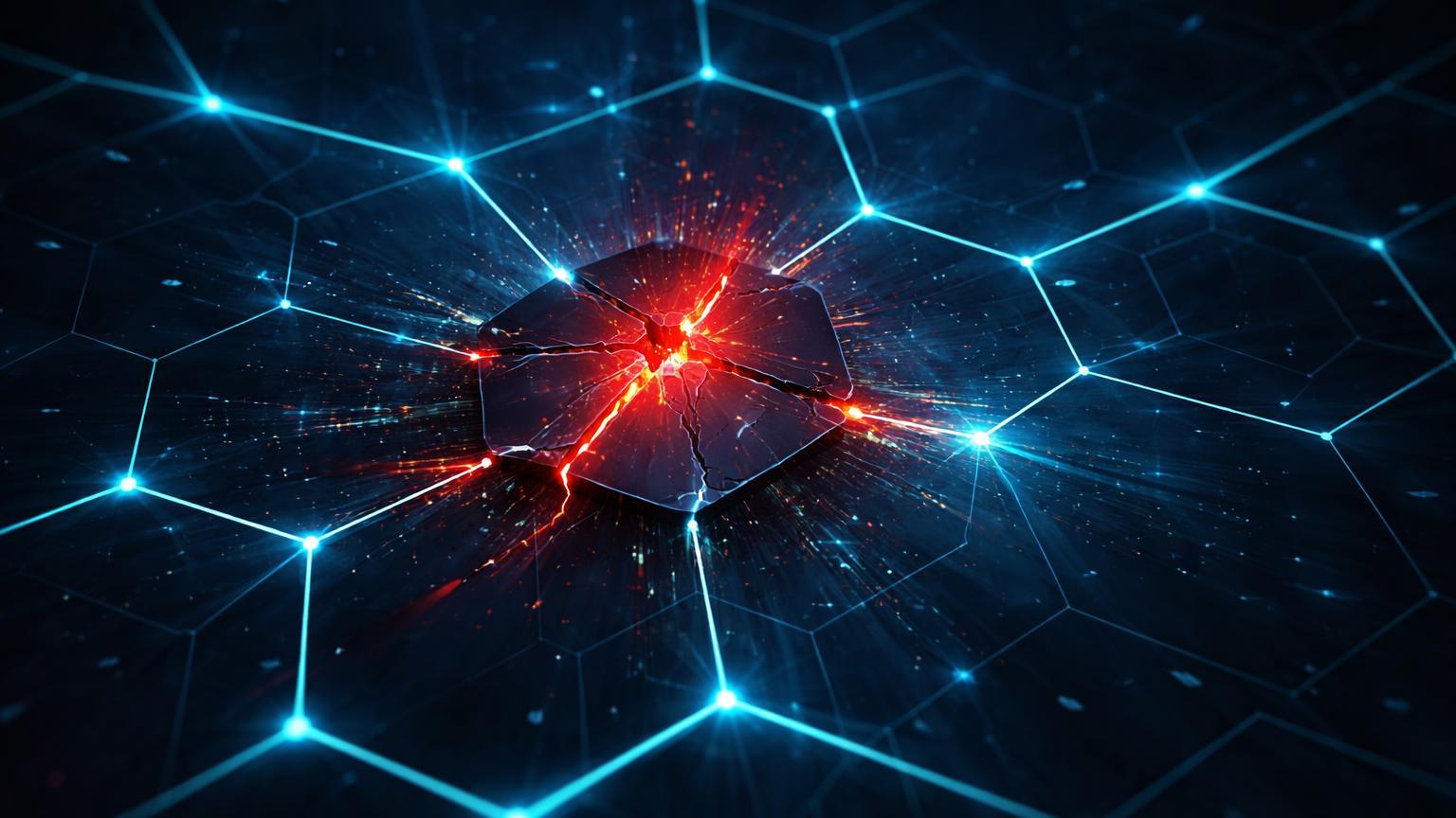 Rede hexagonal digital com nó central rompido vazando energia vermelha, simbolizando hack na Step Finance e alerta de segurança em Solana