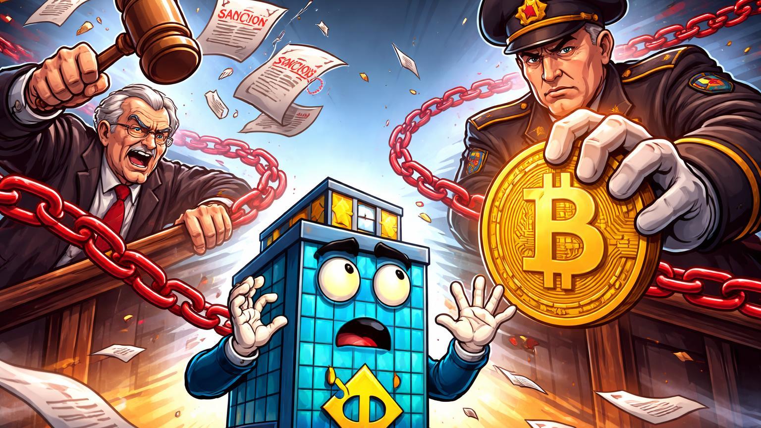 Cena cartoon de juízes regulatórios EUA e russo interrogando figura Binance com sanções e confisco de Bitcoin, ilustrando tensão regulatória