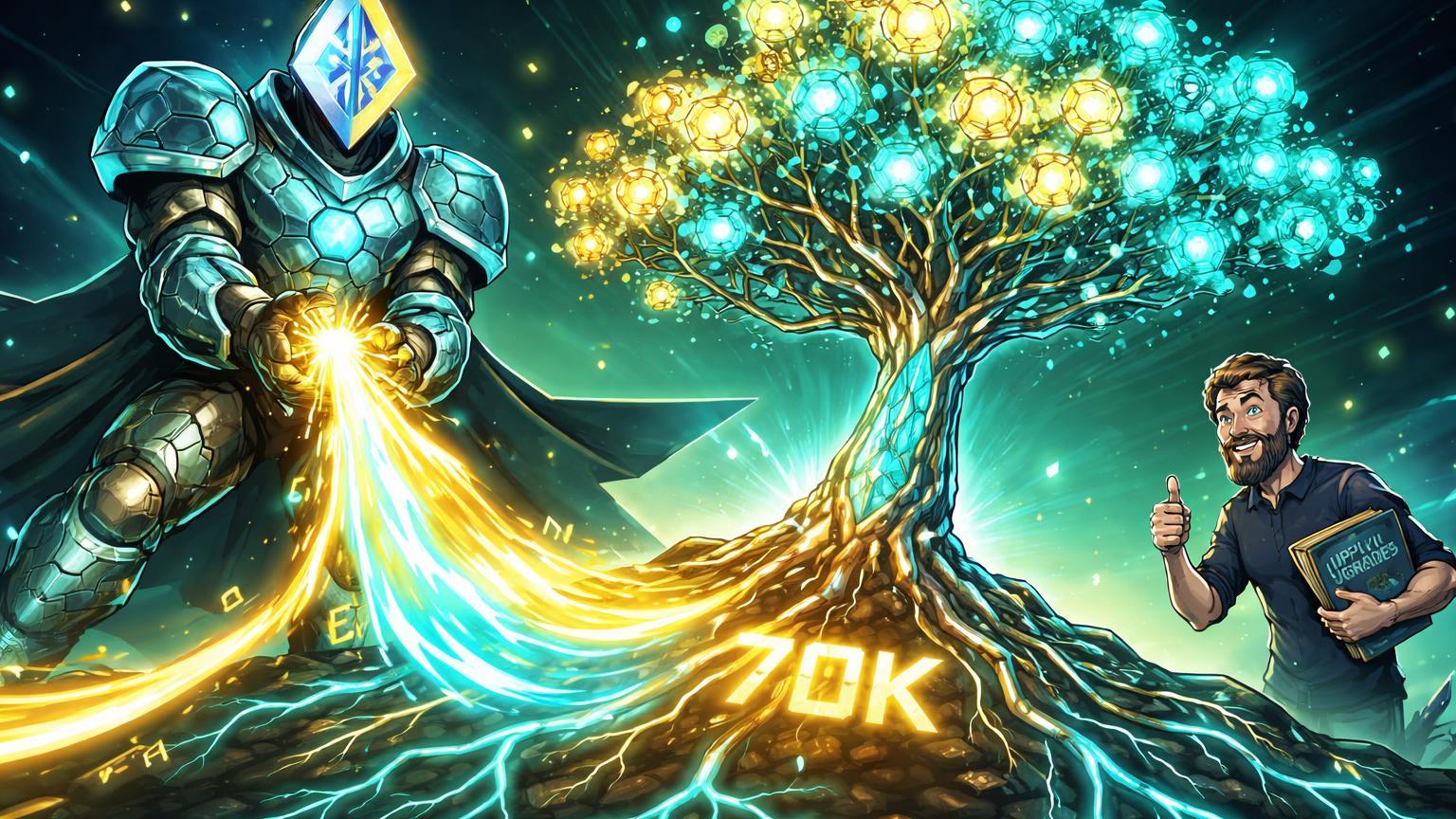 Personagem Ethereum Foundation cartoon canalizando energia ETH em árvore cristalina, com Vitalik apoiando, simbolizando staking sustentável e upgrades Hegota