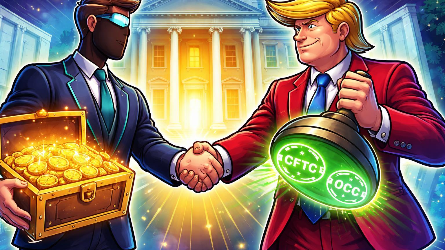 Executivos cartoon de crypto entregando baú dourado a político com selos CFTC e OCC, simbolizando doação e vitórias regulatórias da Crypto.com