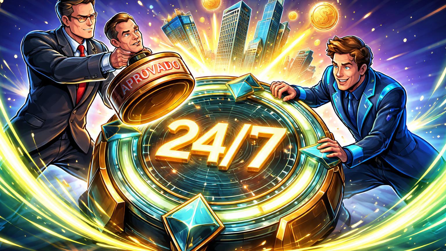 Personagens cartoon SEC e WisdomTree ativando relógio tokenizado 24/7 com selo de aprovação, simbolizando trading contínuo para fundos RWA