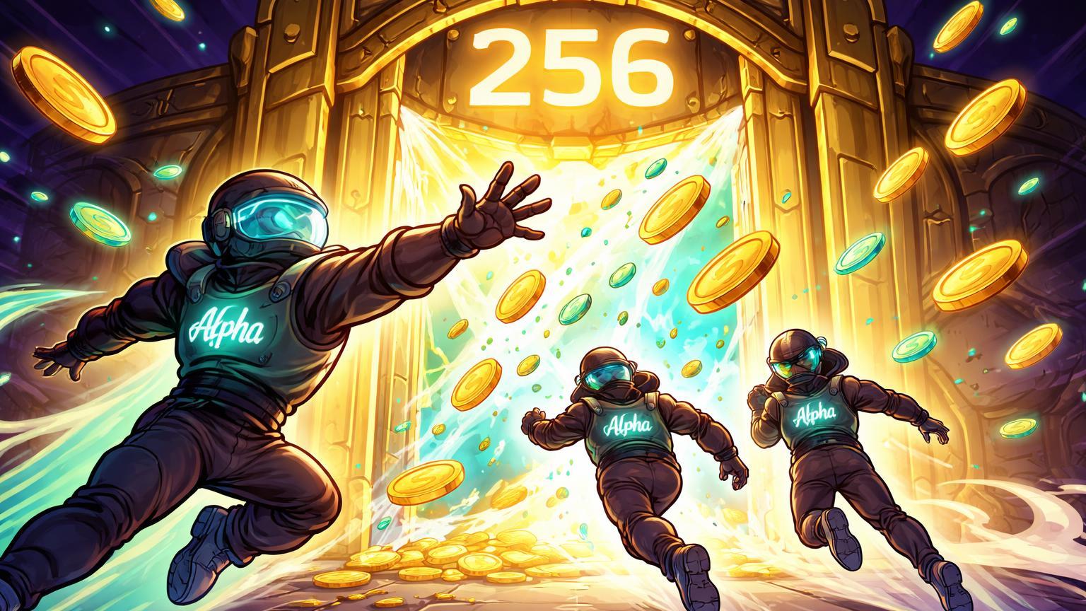 Personagens cartoon correndo para portão com 256 gravado abrindo e liberando tokens, simbolizando airdrop Binance Alpha