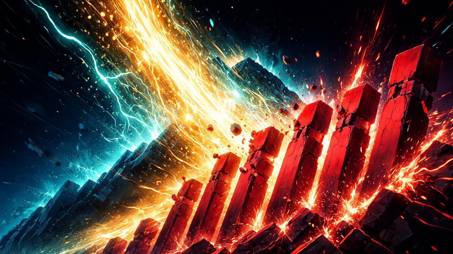 Avalancha de energia dourada e cyan esmagando pilares vermelhos de shorts, representando short squeeze com US$ 1 bi em liquidações no Bitcoin