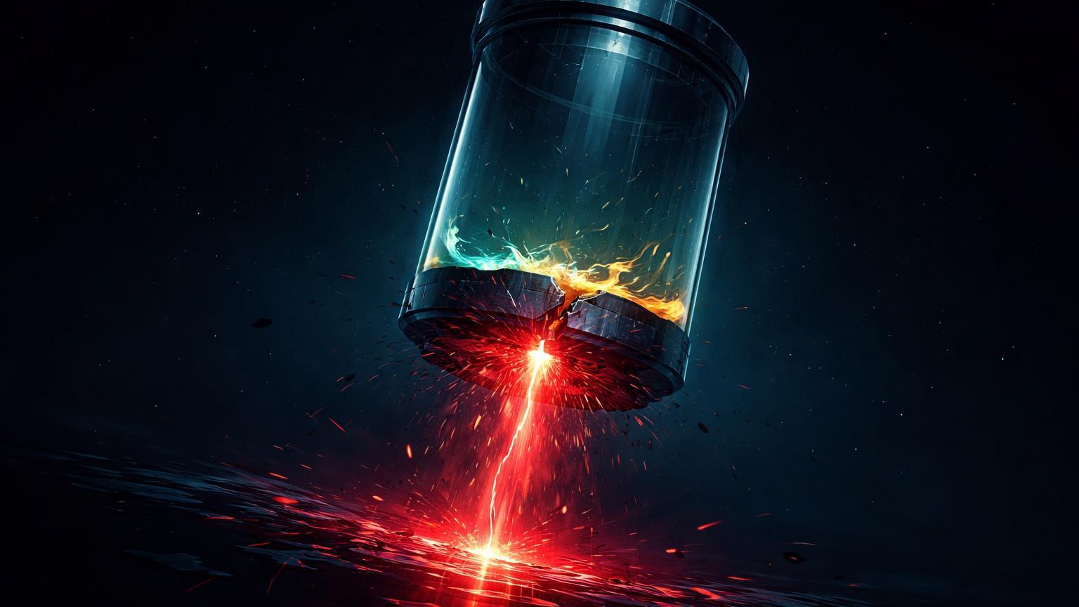 Reservatório digital translúcido vazando energia vermelha para o vazio, simbolizando fuga de liquidez na Binance e venda de BTC pela Bitdeer