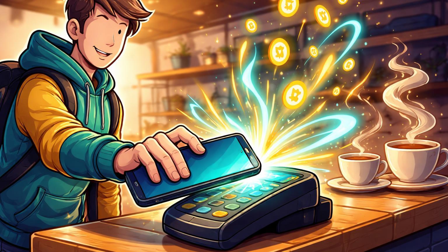 Personagem cartoon pagando café com celular Android NFC, liberando onda de sats dourados, ilustrando pagamentos Bitcoin via app Numo