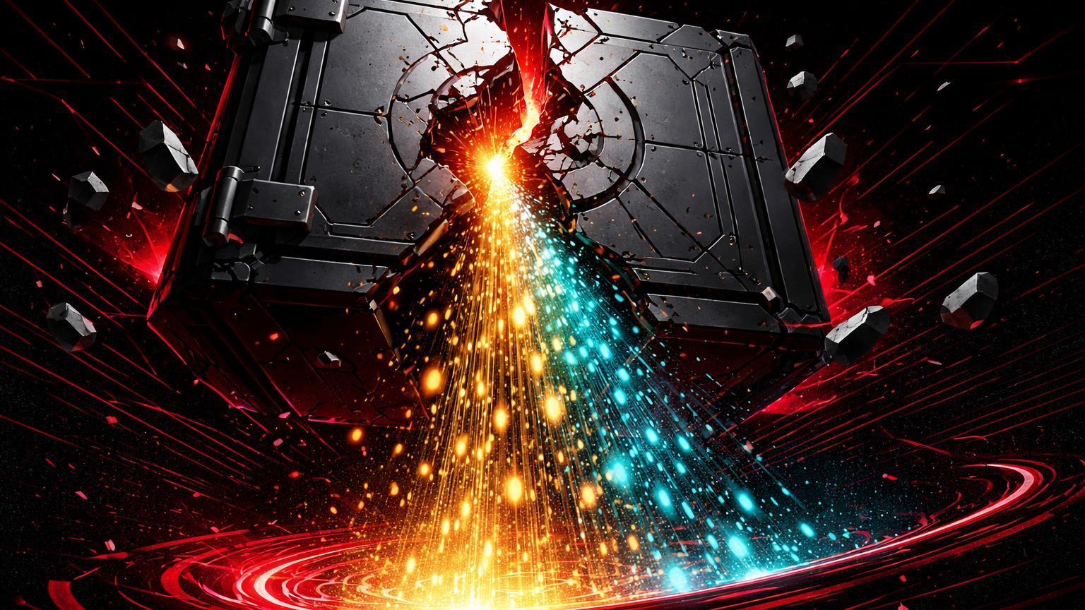 Vault digital bold rachado vazando cascata de partículas douradas e cyan em vórtice vermelho, simbolizando capitulação de baleias com perdas de US$22M em ETH e BTC