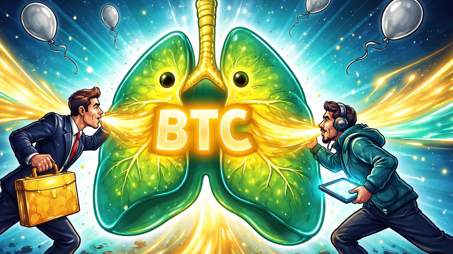 Personagens institucionais cartoon inflando pulmões ETF Bitcoin com influxo dourado, revertendo saídas e sinalizando acumulação