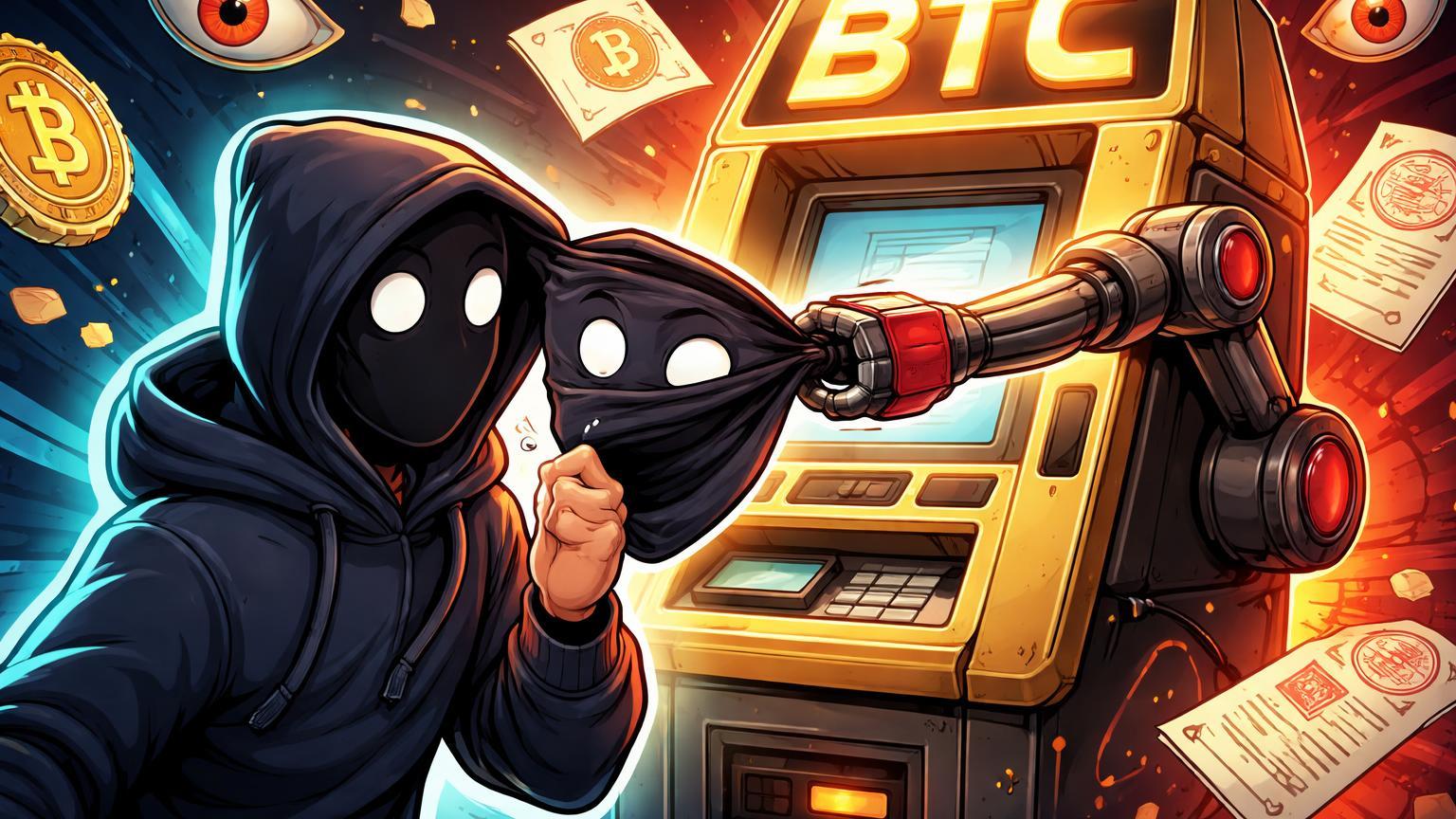 Usuário cartoon perdendo máscara de anonimato ao usar ATM de Bitcoin com braço regulatório, simbolizando fim da privacidade por KYC