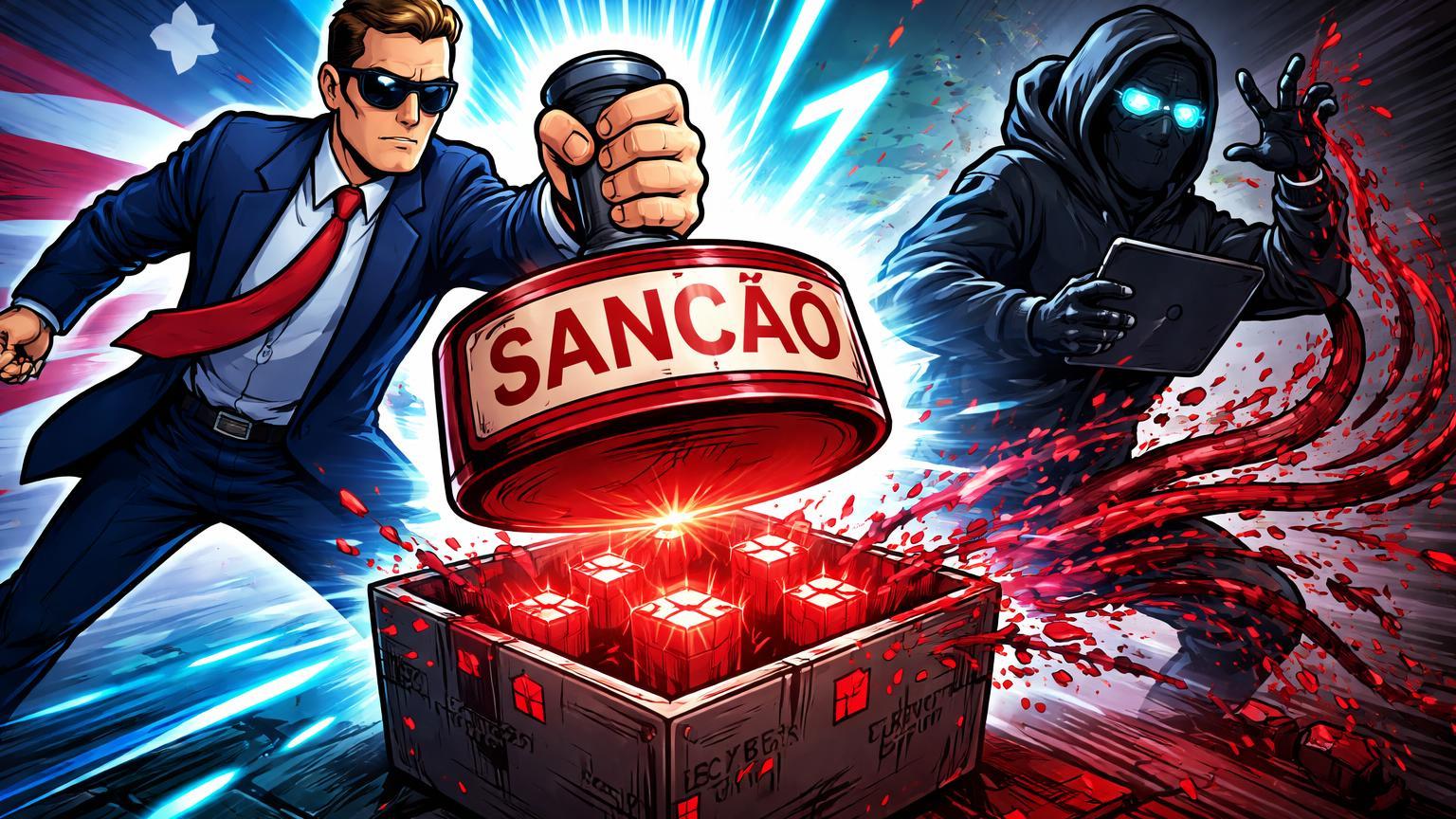 Agente cartoon americano selando caixa de exploits cibernéticos contra figura russa em pânico, simbolizando sanções dos EUA em guerra cibernética
