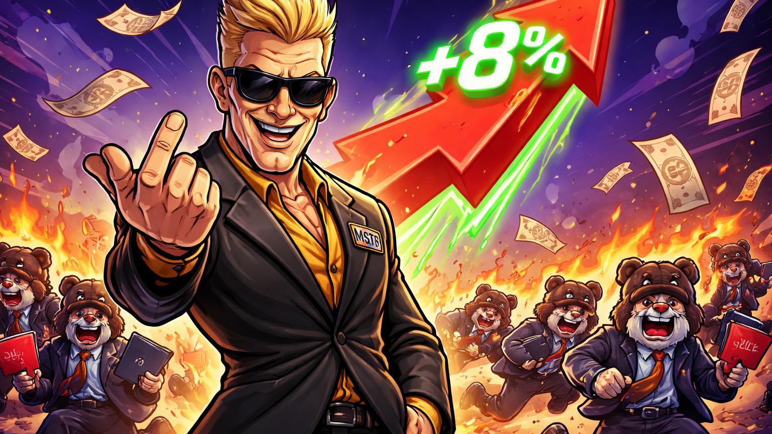 Personagem cartoon de Michael Saylor desafiando shorters de Wall Street com ação MSTR subindo 8%, simbolizando risco de short squeeze