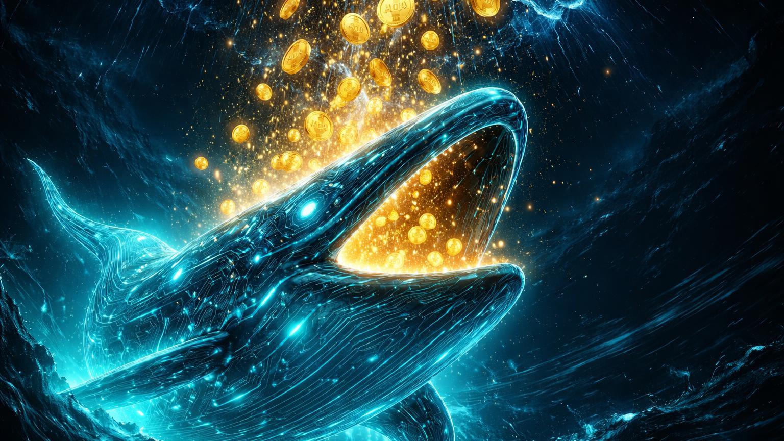Baleia digital colossal cyan emergindo de abismo para coletar tokens ADA dourados caindo, simbolizando acumulação de whales na queda do Cardano