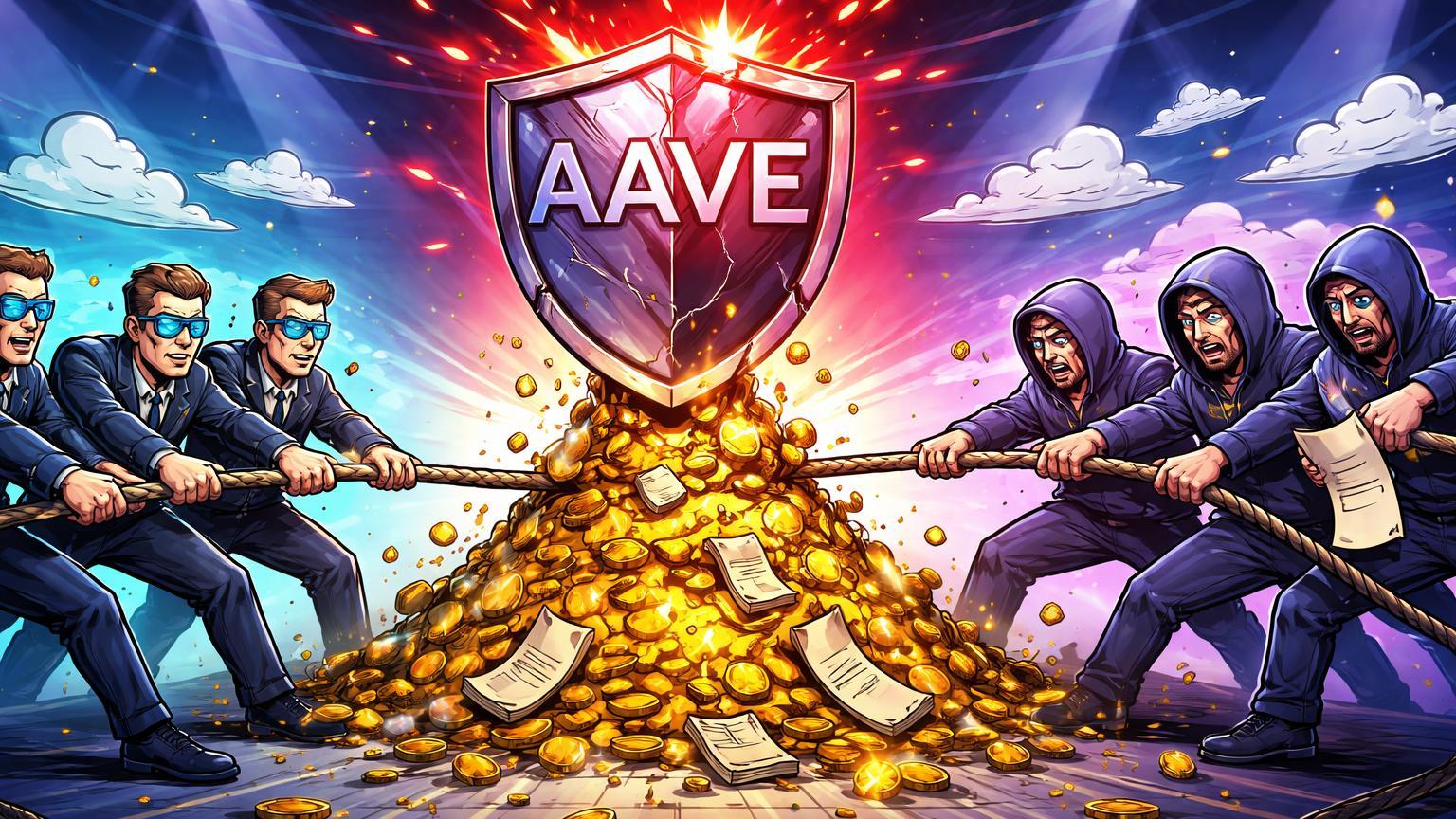 Personagens cartoon em disputa por pilha de tesouro dourado desmoronando com escudo AAVE rachado, ilustrando conflito na governança da Aave DAO
