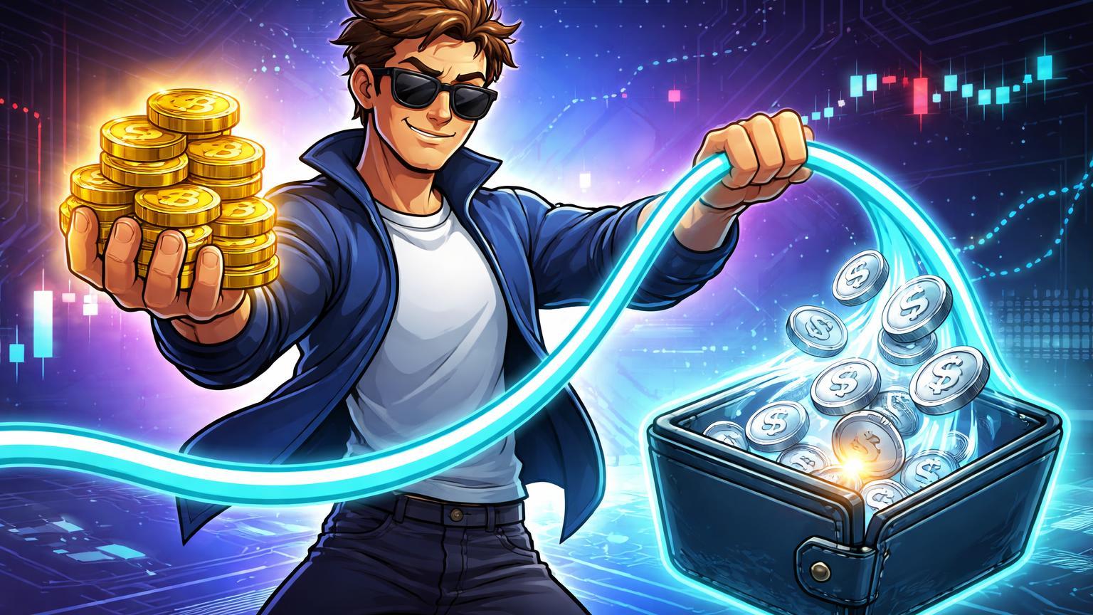 Trader cartoon confiante puxando linha flexível cyan que despeja stablecoins enquanto segura cripto, simbolizando empréstimo Flexline da Kraken