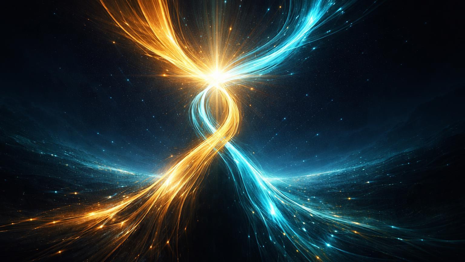 Fitas de energia dourada e cyan se reconectando de abismo escuro, simbolizando sinal de recuperação do Hash Ribbon após capitulação de mineradores BTC