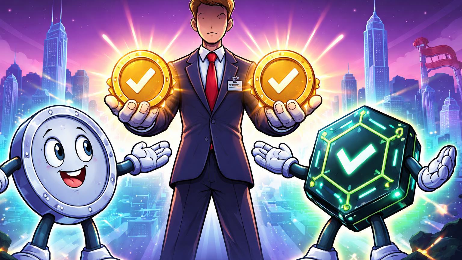 Oficial regulador cartoon entregando selos de licença a stablecoin e plataforma tokenizada, posicionando Hong Kong como hub asiático de ativos digitais