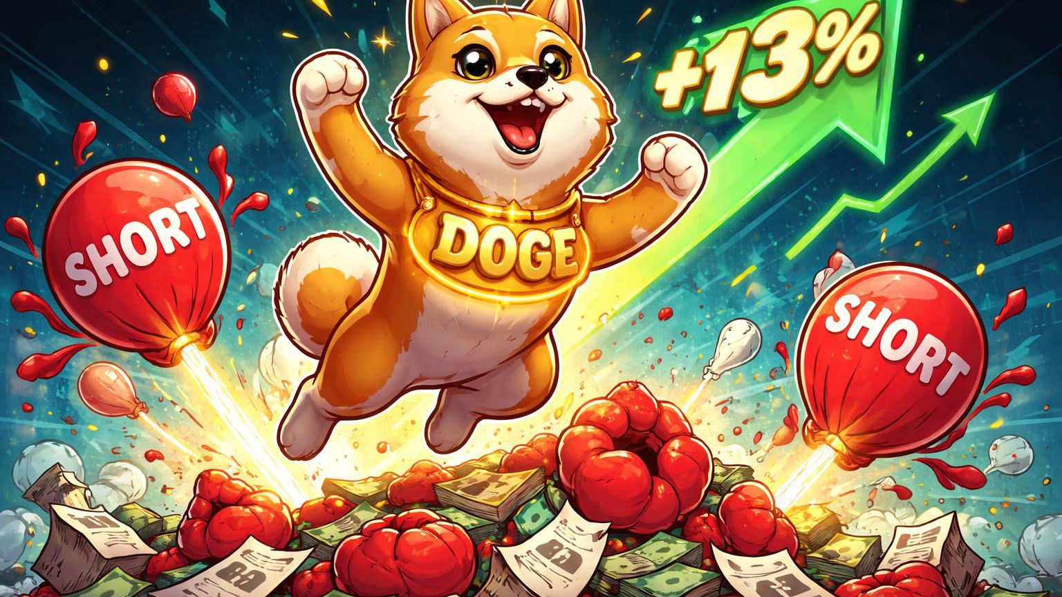 Shiba Inu cartoon de Dogecoin saltando sobre balões short liquidados com seta +13%, ilustrando short squeeze e alta explosiva