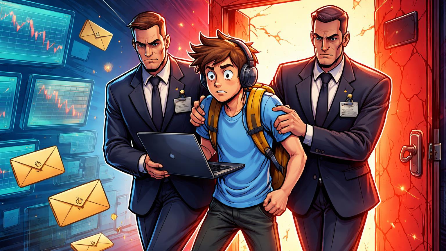 Editor cartoon jovem sendo escoltado por reguladores para fora de porta de alerta em arena de prediction markets, expondo insider trading e banimento