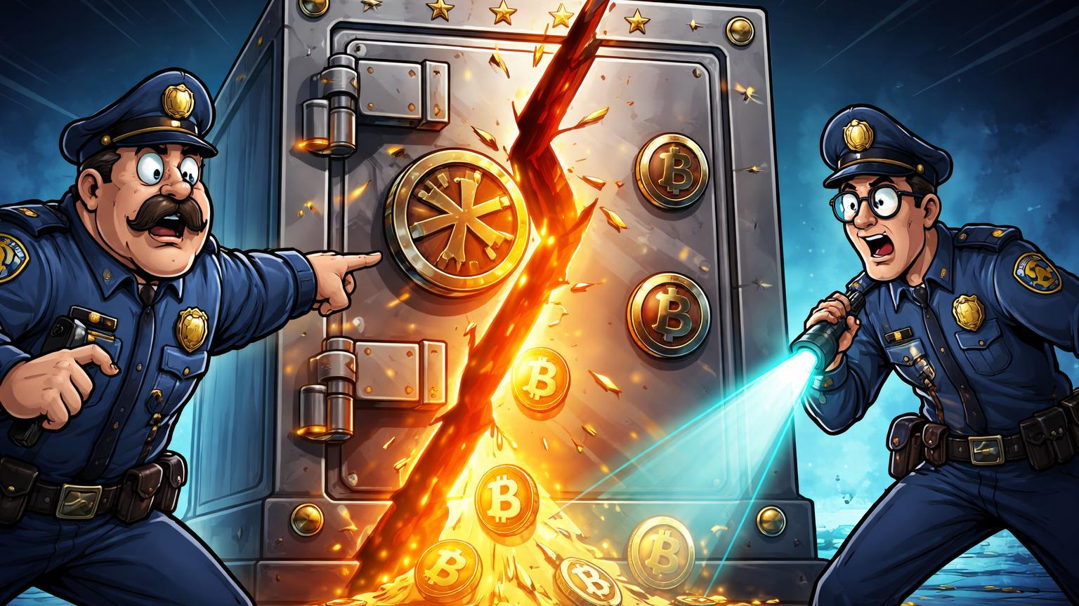 Policiais cartoon chocados examinando cofre policial rachado com energia dourada vazando, representando roubo de Bitcoin na Coreia do Sul