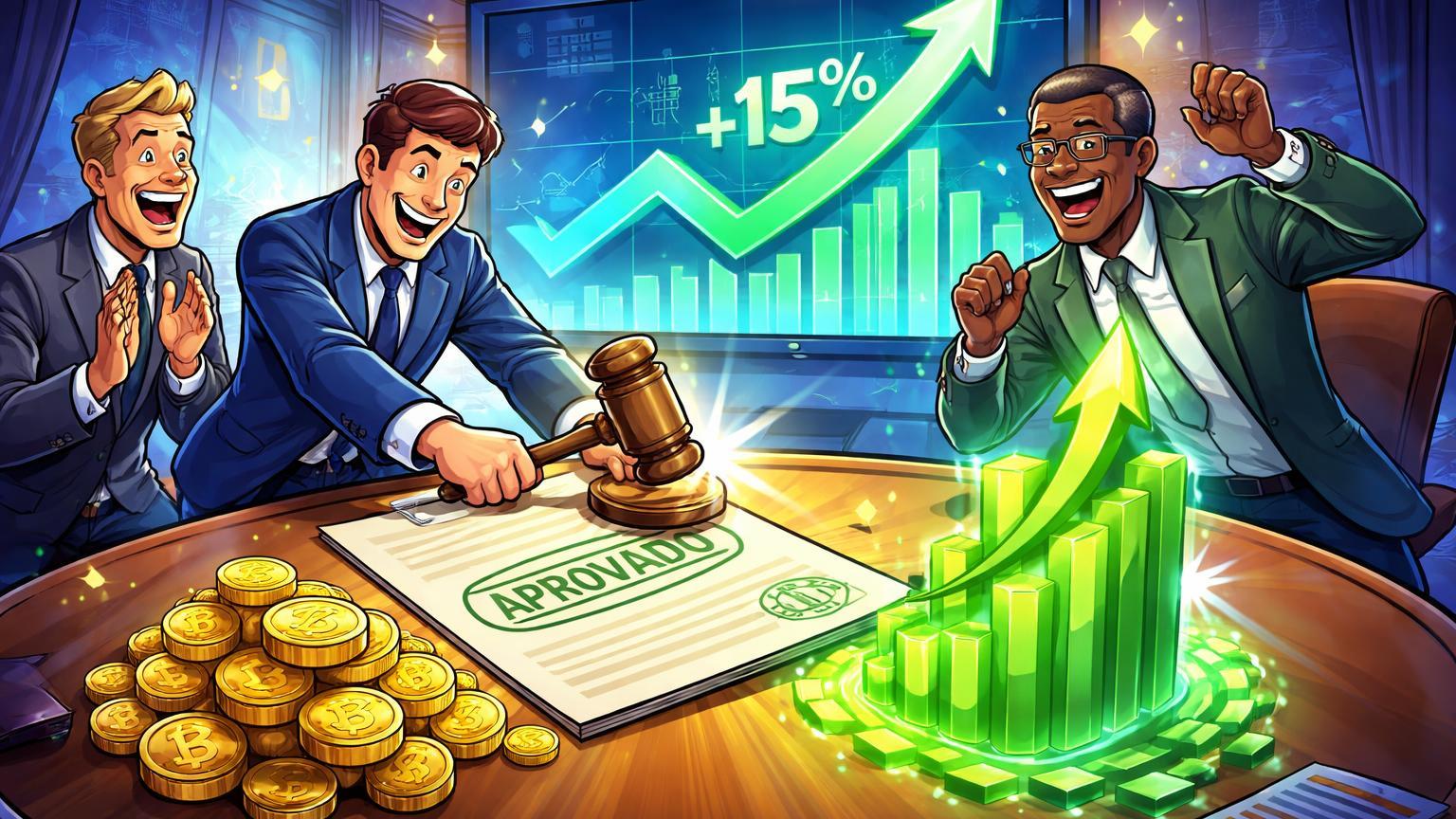 Executivos cartoon aprovando venda de Bitcoin para buyback de ações, com gráfico disparando 15%, simbolizando estratégia de tesouraria corporativa