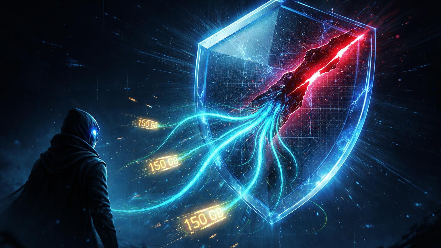 Escudo digital rachado com tentaculos de rede neural IA sugando fragmentos 150 GB, ilustrando hack governamental e riscos para cripto