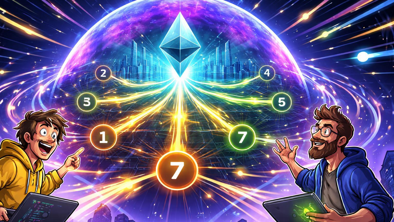 Devs cartoon revelando mapa holográfico com prisma Ethereum e sete ramificações para escudo quântico, ilustrando Strawmap até 2029
