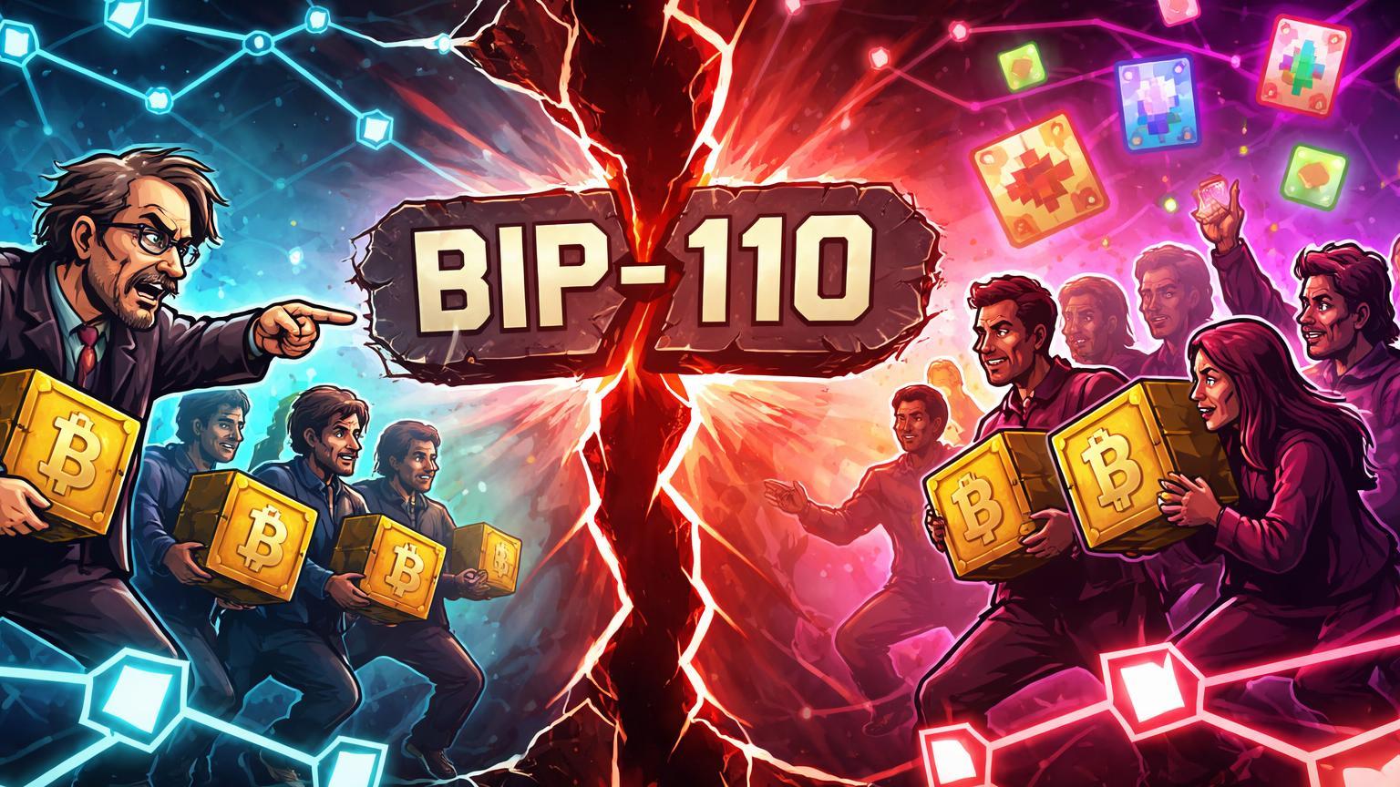 Personagens cartoon divididos por fenda na rede Bitcoin, com figura de Adam Back criticando lado Ordinals, simbolizando polêmica BIP-110 e riscos de divisão