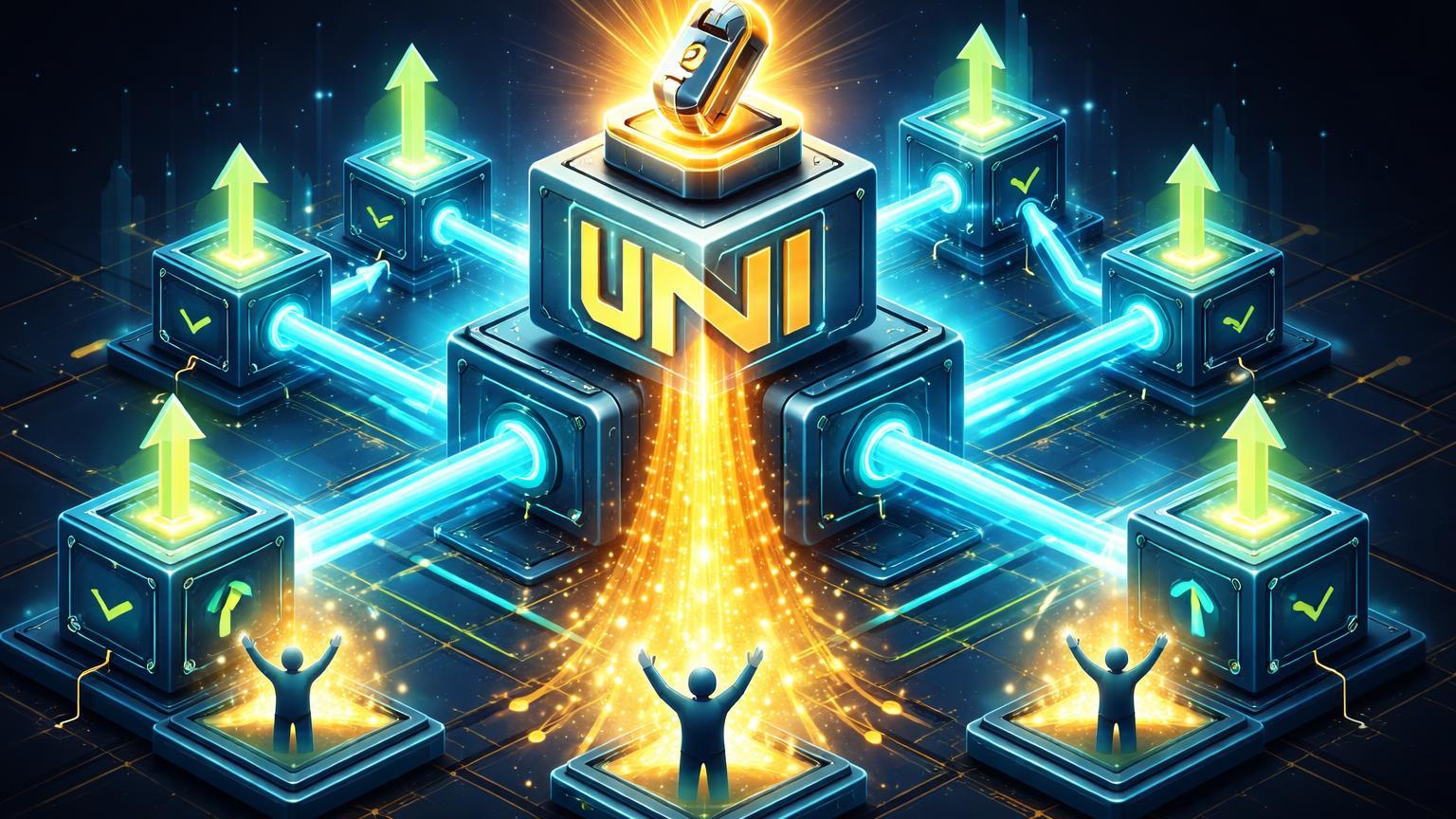 Estrutura isométrica DeFi com fee switch ativado liberando fluxo dourado para holders, simbolizando alta de 15% no UNI por expansão em chains extras