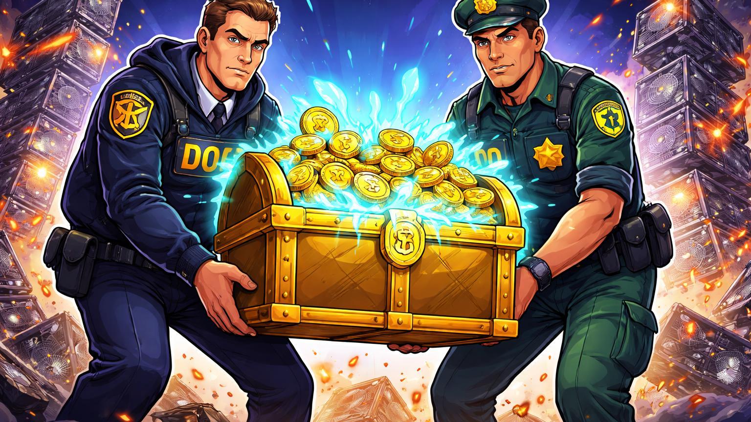 Agentes cartoon da lei carregando baú recuperado de fraudes enquanto desmantelam torres de mineração ilegal, simbolizando ações de Tether e DOJ