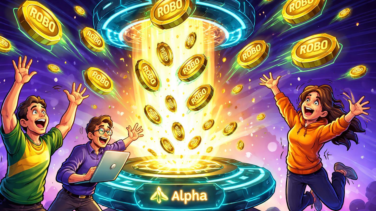 Personagens cartoon entusiasmados coletando tokens ROBO de portal Binance Alpha, celebrando airdrop imperdível para usuários brasileiros
