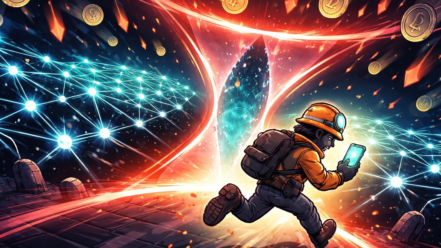 Pioneer cartoon correndo para conectar nó à rede antes de barreira se fechar, com tokens PI caindo, alertando sobre atualização urgente no Pi Network