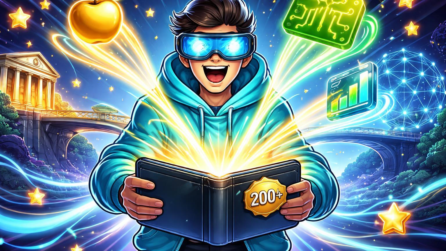 Investidor cartoon com hoodie coletando ícones simbólicos de ações Apple e Nvidia em wallet blockchain, simbolizando RWA sem taxas da Bitget