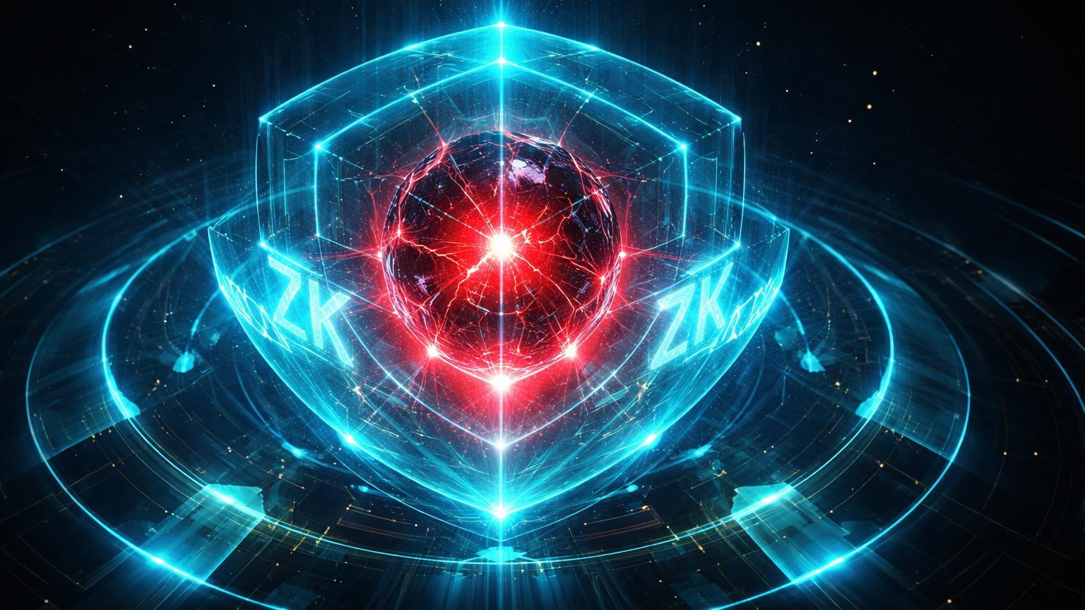 Núcleo instável de oráculo DeFi pulsando vermelho selado por camadas ZK-proofs cyan, simbolizando alerta de Vitalik e solução privada para instituições