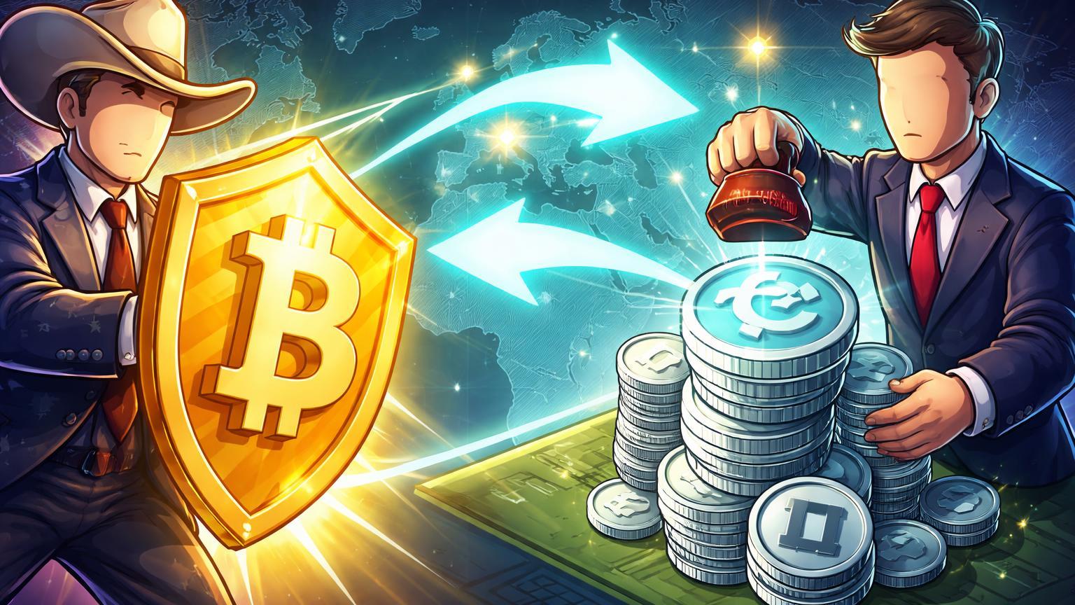 Legislador Indiana protegendo Bitcoin com escudo e regulador europeu aprovando stablecoin, simbolizando adoção global regulatória