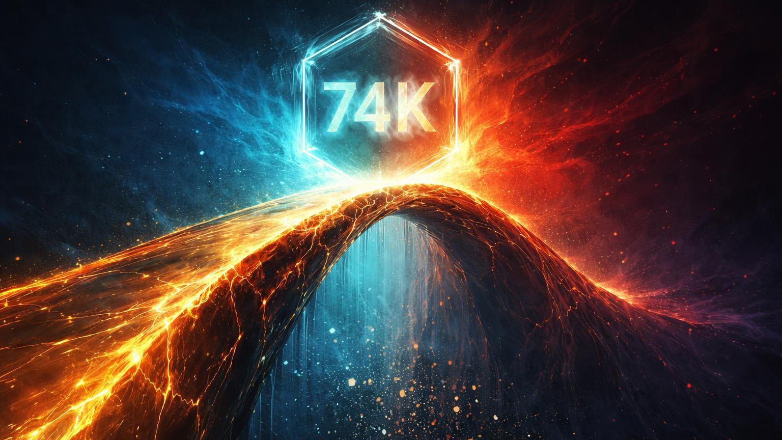 Ponte cristalina dourada instável sobre abismo com portal 74K dividindo luz cyan e laranja, simbolizando rally ou bull trap do Bitcoin